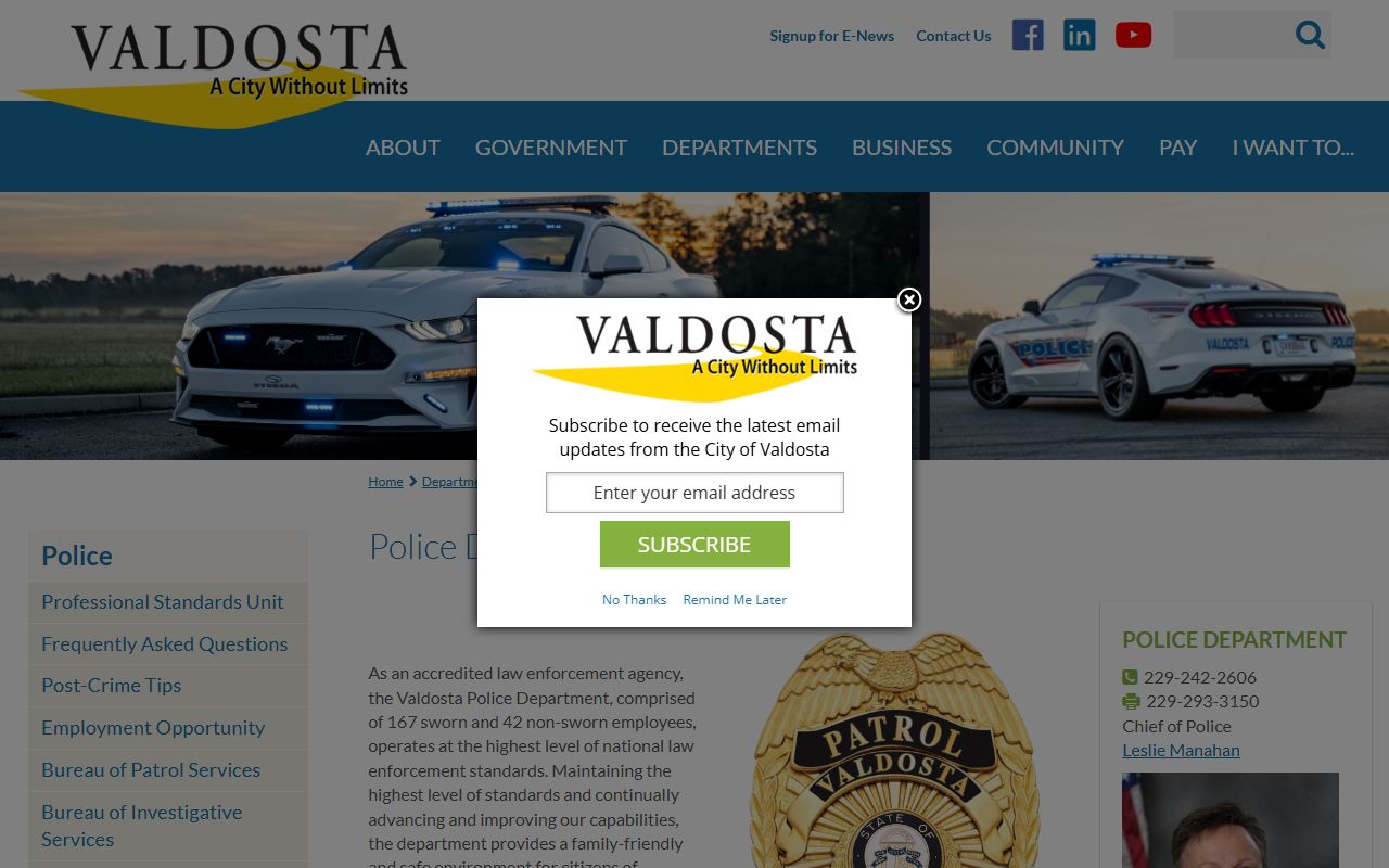 Valdosta Police Department website for 72 hour booking information