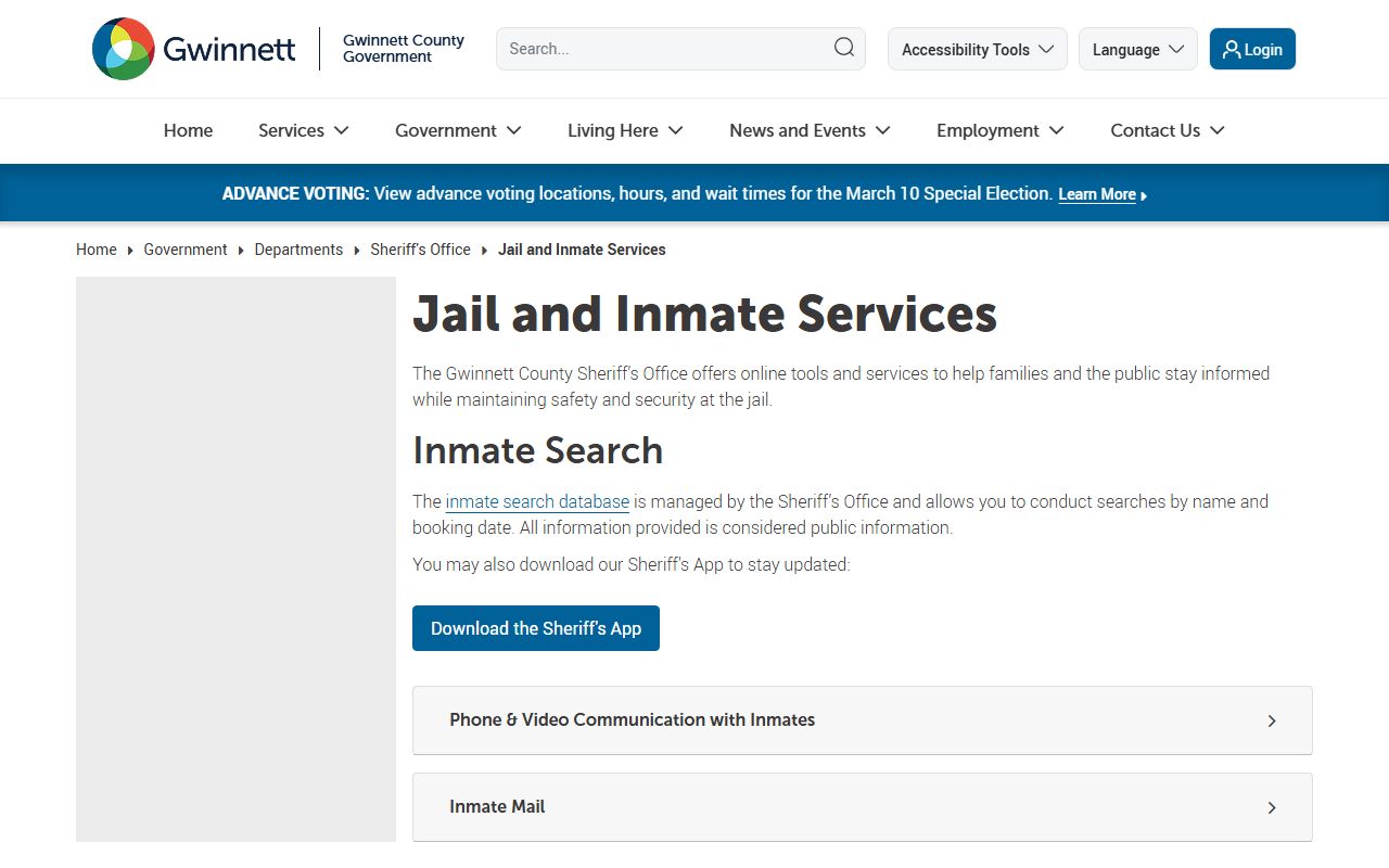 Gwinnett County inmate services page for 72 hour booking search