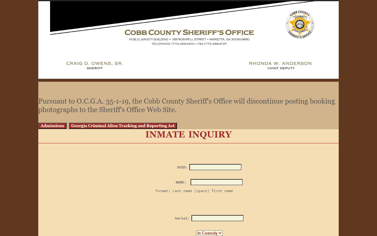 Cobb County inmate search portal for 72 hour booking lookup