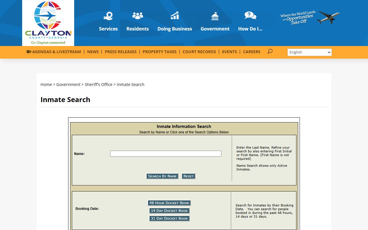 Clayton County inmate search page for 72 hour booking records