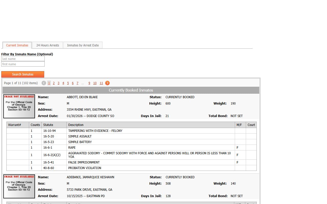 Dodge County jail population roster 72 hour booking records
