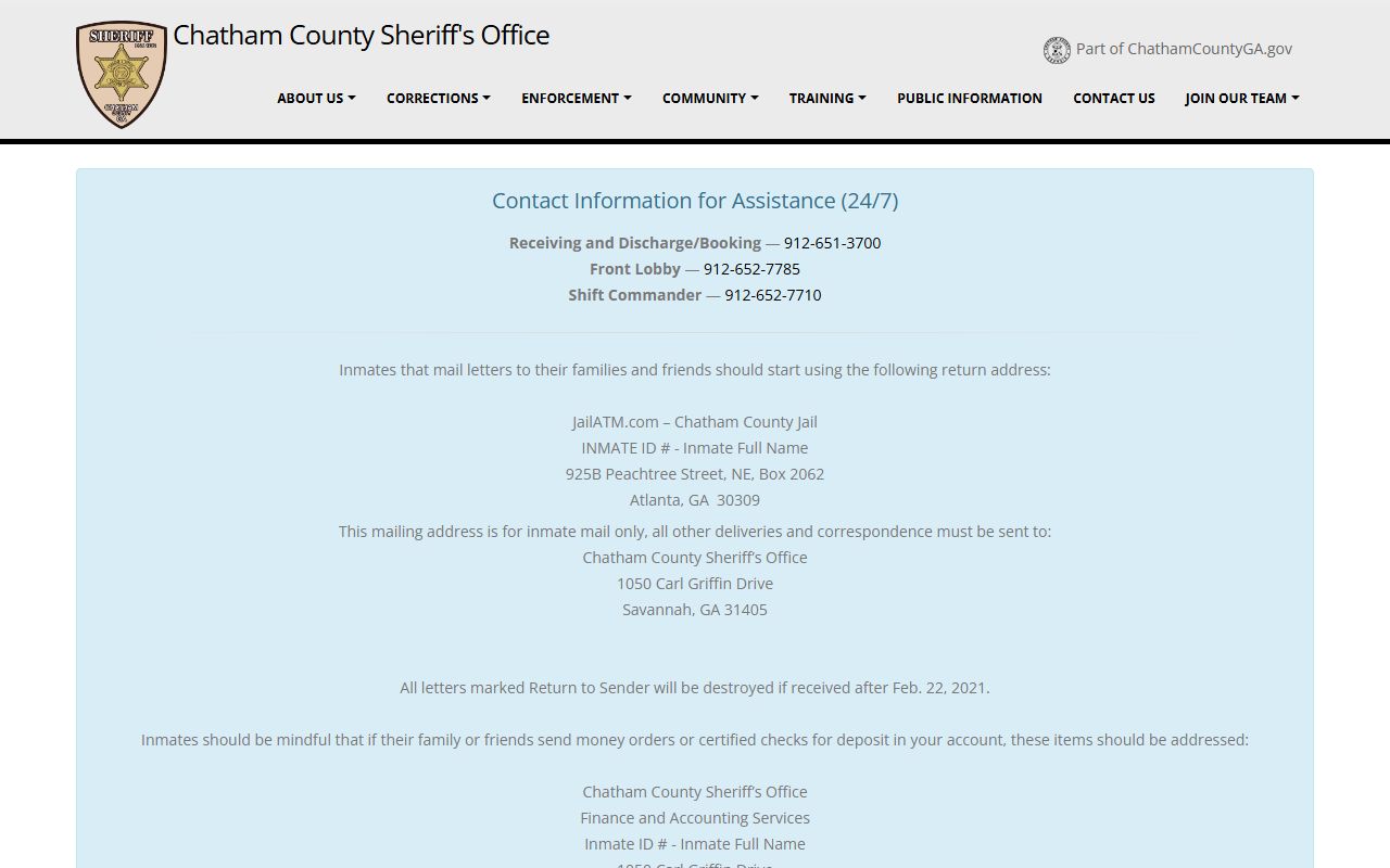 Chatham County Sheriff homepage with links to booking records and inmate search