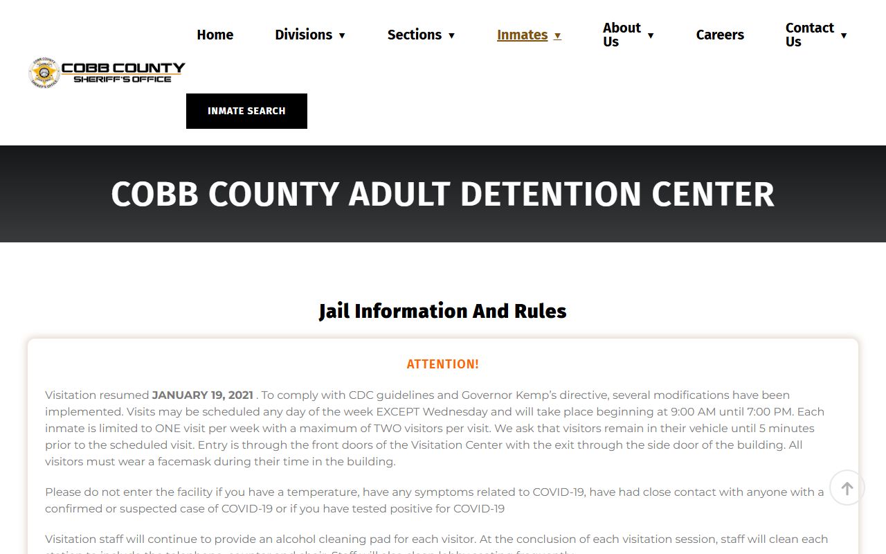 Cobb County Adult Detention Center information for 72 hour booking