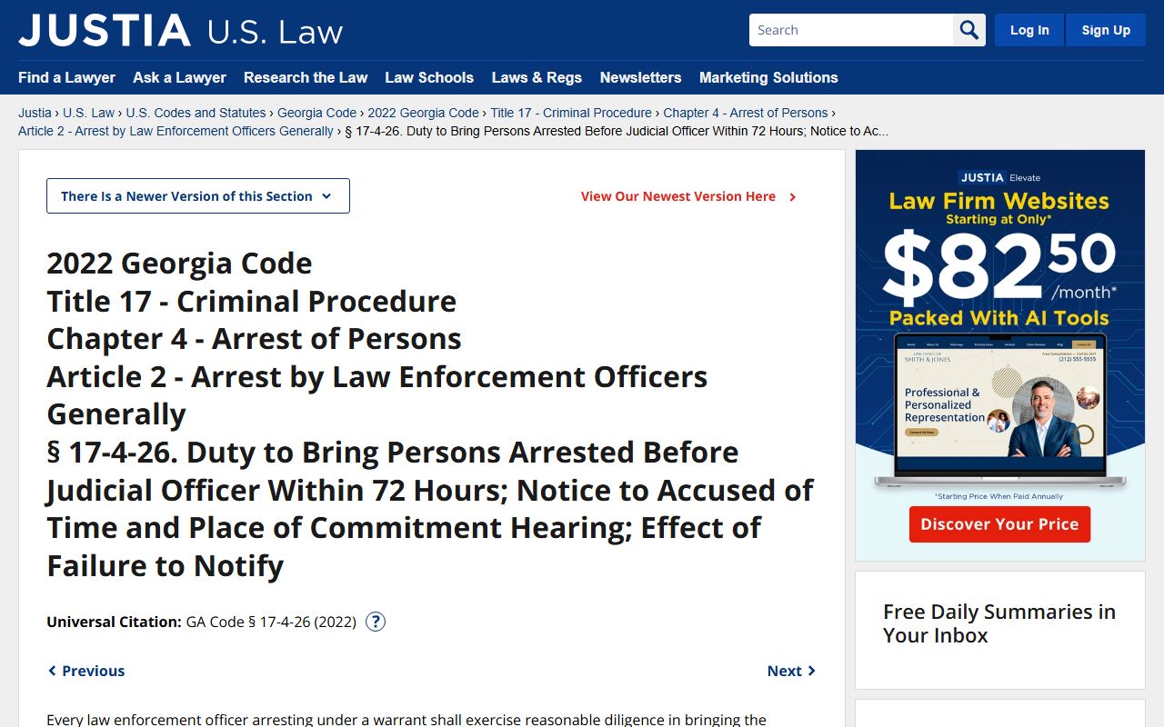 Georgia statute O.C.G.A. 17-4-26 for 72 hour booking records